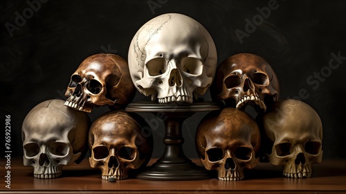 Human skulls over old wooden table against dark background generative ai
