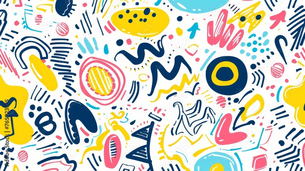Playful pattern with hand-drawn doodles and scribbles, quirky abstract background
