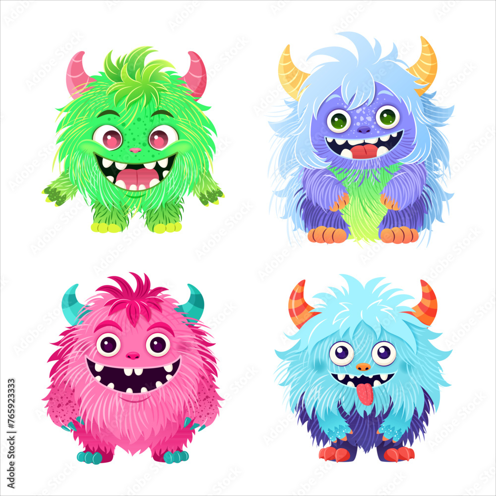 Set of cute little monsters. Fictional creatures for children's print, posters, cards, Halloween designs. Cartoon vector illustrations. isolated magical fluffy animals on white background. Clip-art.