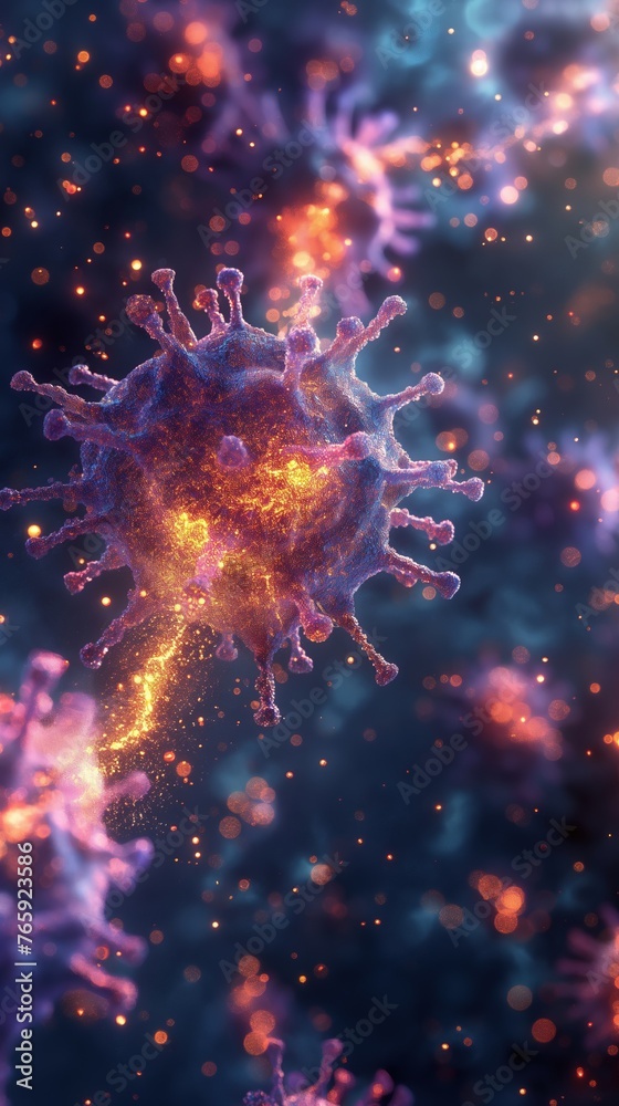 A colorful image of a virus with a glowing trail behind it A colorful image of a virus with a glowing trail behind it
