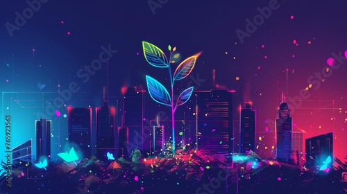 Urban Greening with Neon Ribbon and Sprout, Low Poly Wireframe City Silhouette on Vibrant Background