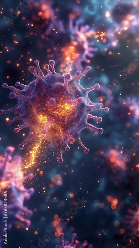 A colorful image of a virus with a glowing trail behind it