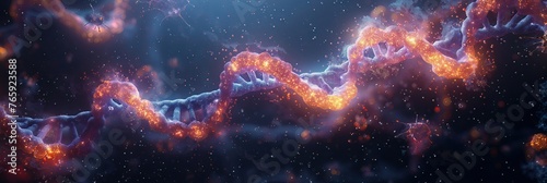 A long, glowing, orange and blue DNA strand edited by CRISPR-Cas9 mechanism