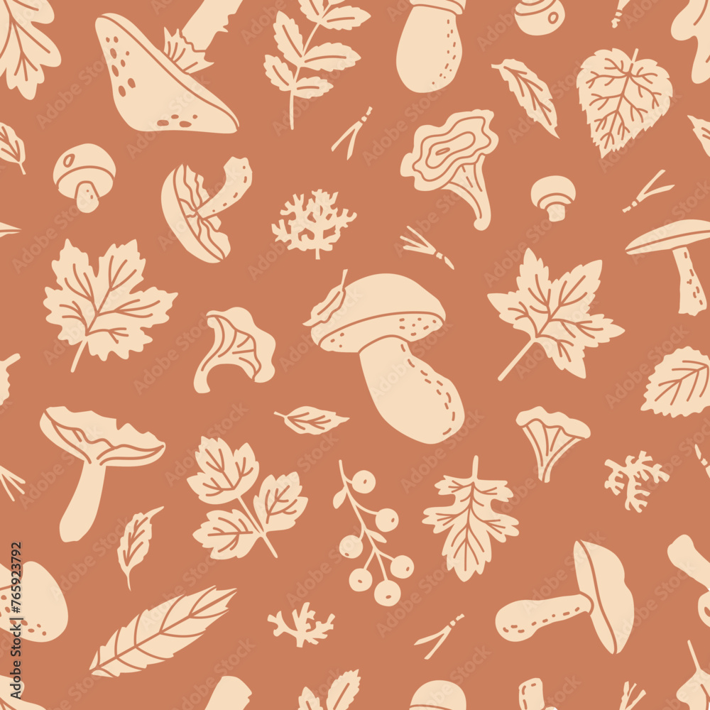Mushrooms and leaves seamless patter. Vector background for fall decor, wallpaper and wrapping paper Mushrooms and leaves seamless patter. Vector background for fall decor, wallpaper and wrapping paper