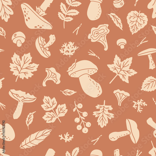 Mushrooms and leaves seamless patter. Vector background for fall decor, wallpaper and wrapping paper