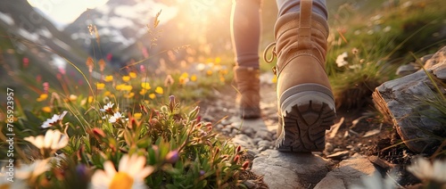 Close up of a female hiker's feet in boots walking on a mountain path with flowers. AI generated illustration photo