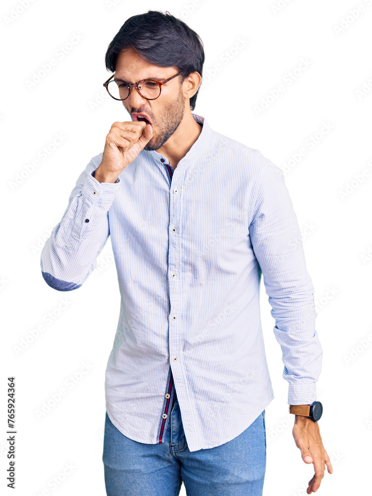 Handsome hispanic man wearing business shirt and glasses feeling unwell and coughing as symptom for cold or bronchitis. health care concept. Handsome hispanic man wearing business shirt and glasses feeling unwell and coughing as symptom for cold or bronchitis. health care concept.