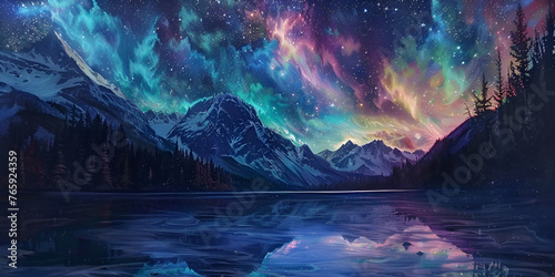 night starry sky with aurora borealis and stars above lake water on background of mountains.