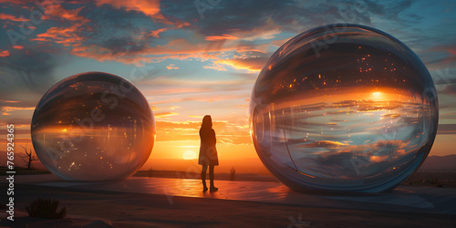 A woman stands on the surface of an alien planet and looks at a circle of neon. Silhouette against the backdrop of a fantastic landscape.