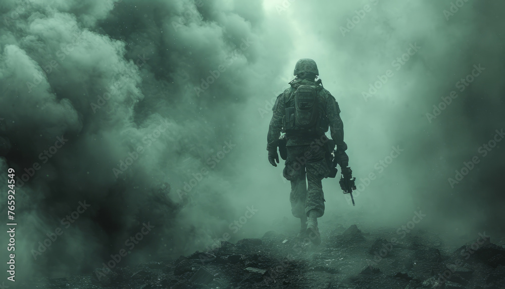 military soldier walking holding M4. Green steam on M4 gun.generative ai