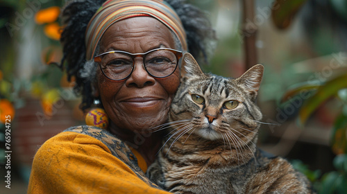 Happy smiling senior elderly black African woman in glasses relaxing in summer garden outdoors hugging domestic tabby cat. Retired old people and animals pets concept photo