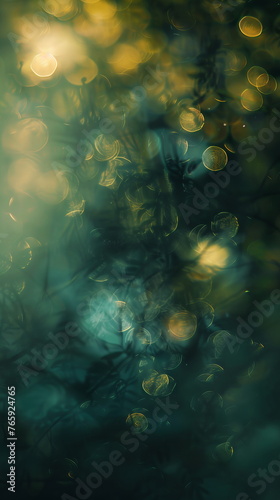 Sunny abstract green bokeh background. World environment day concept. Blur park with bokeh light, emerald nature, garden, spring summer season. Defocus glitter blur. Ornaments elements gold confetti