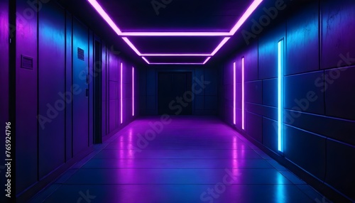 A corridor with purple and blue neon lighting along the edges