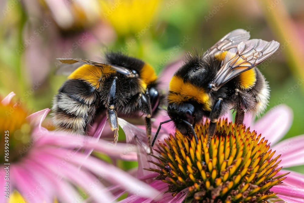 Close up bumblebees with flowers nature Flower in spring forest landscape with sunrise background Close up bumblebees with flowers nature Flower in spring forest landscape with sunrise background
