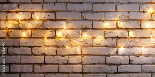 Glowing garland on masonry wall. Glowing garland on a brick wall. Festive background picture.