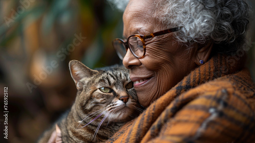 Happy smiling senior elderly black African woman in glasses relaxing in summer garden outdoors hugging domestic tabby cat. Retired old people and animals pets concept