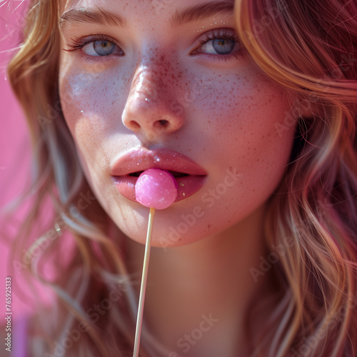 Woman with Freckles Holding Pink Lollipop