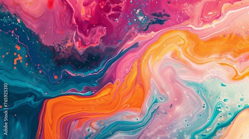Colorful abstract fluid art background with vibrant marbled paint swirls, acrylic pour painting