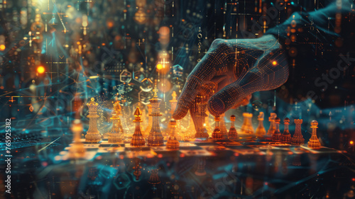 Strategic leadership: Hands moving digital chess pieces.generative ai