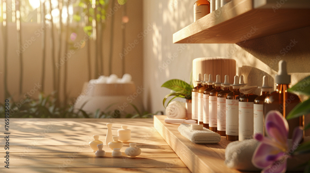 Organic Skincare Products Arranged in a Spa-like Setting