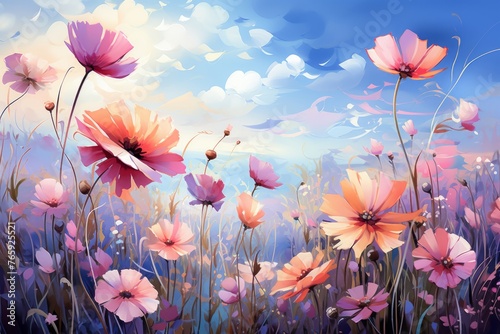 A Painting of a Field Full of Flowers. Generative AI.