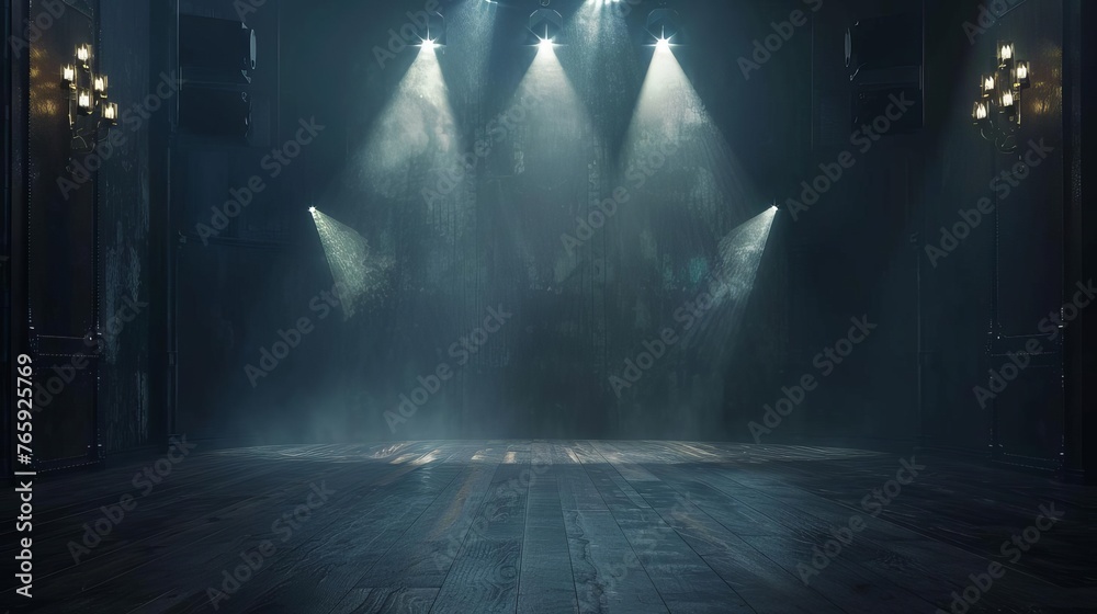 Dramatic Spotlights Illuminating Empty Stage with Dark Background, Theatrical 3D Rendering - obrazy, fototapety, plakaty 