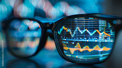 Cryptocurrency trading, stock market trading graphs reflected in a person's glasses design concept, copy space 