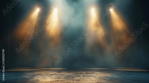 Dramatic moody stage spotlights shining in dark, empty theater background, abstract light effect