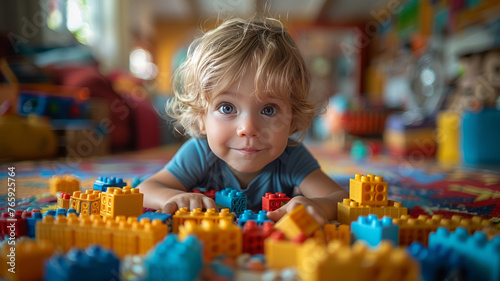 A toddler happily tidying up toys in a colorful playroom, the child picking up blocks and placing them in a toy chest,generative ai