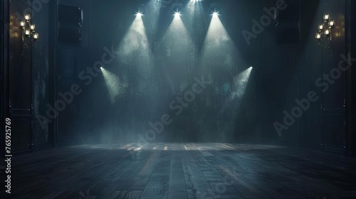 Dramatic Spotlights Illuminating Empty Stage with Dark Background, Theatrical 3D Rendering
