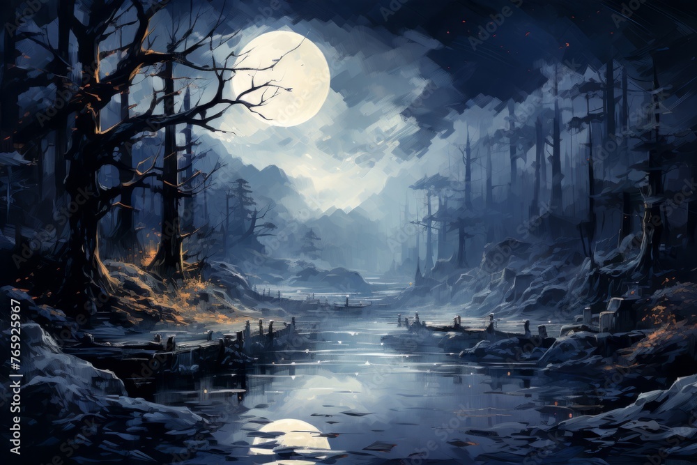 Painting of a Dark Forest With a Full Moon. Generative AI. - obrazy, fototapety, plakaty 