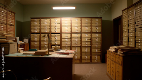 A room with many filing cabinets and a desk with papers on it