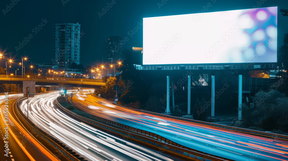 White Blank Illuminated Billboard on Busy Road at Night, Generative AI