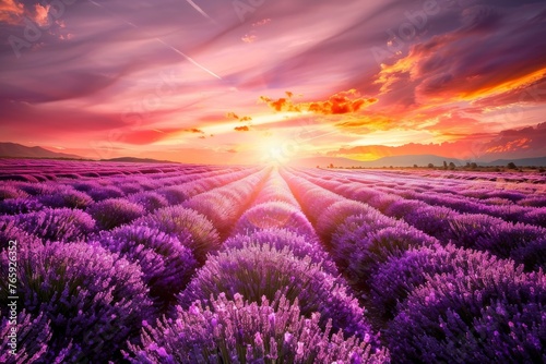 lavender field at sunset Stunning landscape with sunrise Beautiful view background