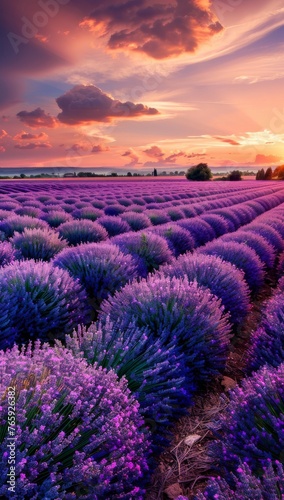 lavender field at sunset Stunning landscape with sunrise Beautiful view background