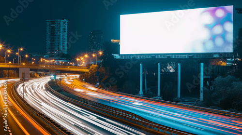 Obraz na płótnie White Blank Illuminated Billboard on Busy Road at Night, Generative AI w salonie