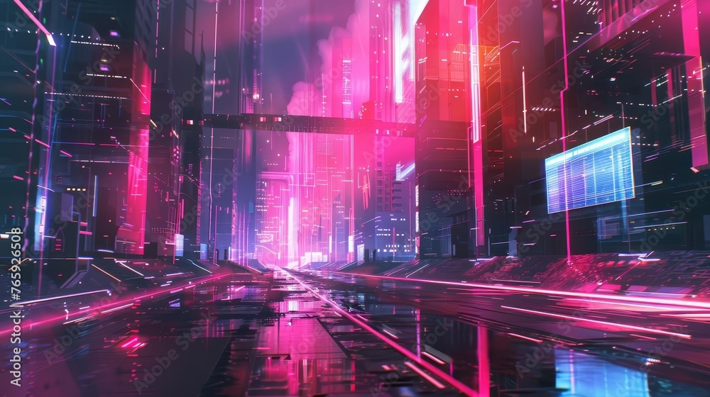 Futuristic cyberpunk city street with neon lights, holograms, and high-tech buildings, digital painting