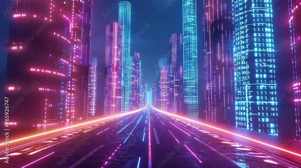 Highway leading through digital binary towers in vibrant cyber city, big data concept, 3D illustration