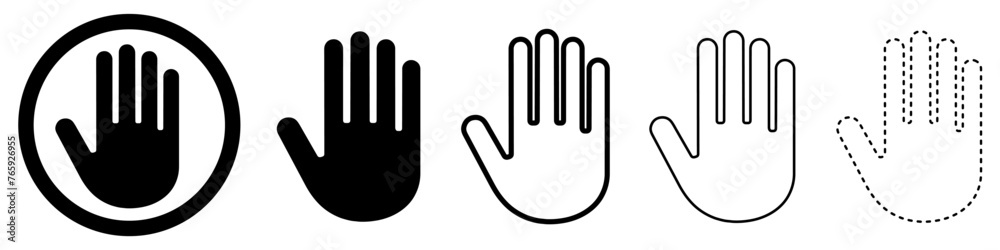 Stop hand icon. Set of hand icons. Black silhouette of hand in flat style, isolated on a white Stop hand icon. Set of hand icons. Black silhouette of hand in flat style, isolated on a white