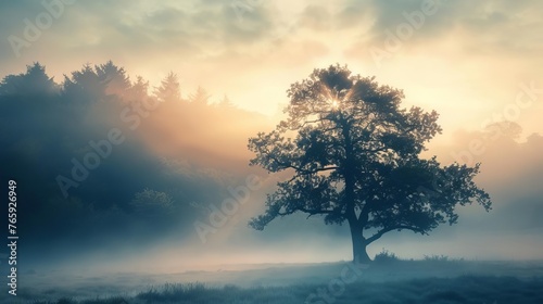 Magical misty landscape with silhouette of majestic tree, foggy forest background, atmospheric mood © Jelena