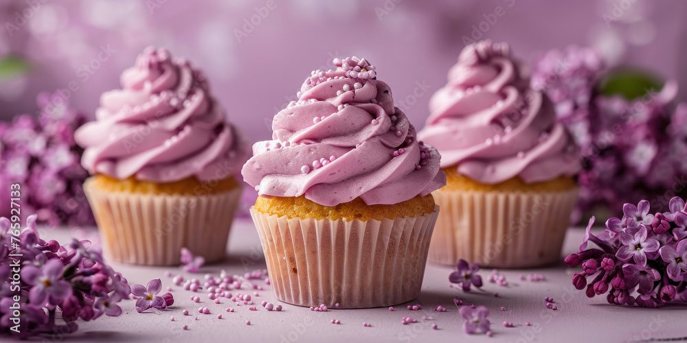 Cupcakes with purple frosting and lilac flowers on purple background for bakery and celebration concepts Cupcakes with purple frosting and lilac flowers on purple background for bakery and celebration concepts
