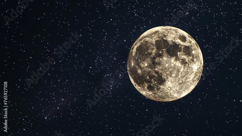 Panoramic shot of majestic full moon glowing in dark starry night sky  astronomy background
