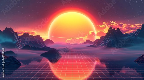 Retro 80s style neon grid landscape with sun and mountains, synthwave illustration