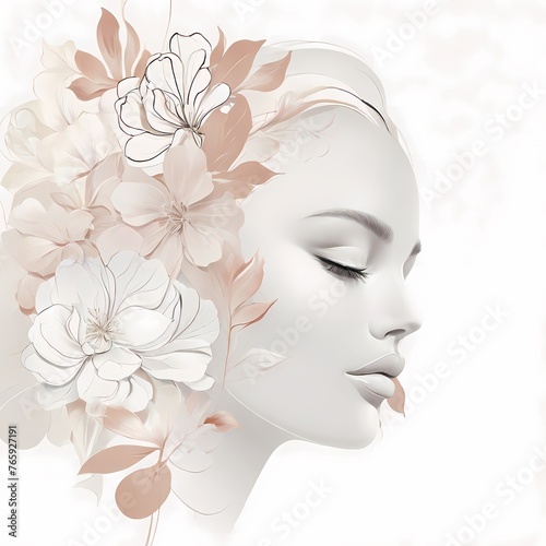 Abstract female face in one line. Woman face with flowers Surreal Line art female floral girl. Minimalism Abstract modern Continuous single line woman face portrait 