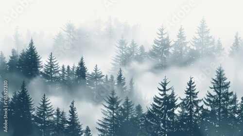 Serene minimalist landscape with foggy spruce forest, misty fir trees isolated on white, seamless pattern