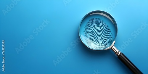 Biometric Identity Search: Closeup of a Magnifying Glass Over a Fingerprint on a Blue Background. Concept Biometric Identification, Forensic Investigation, Criminal Justice, Personal Data Protection