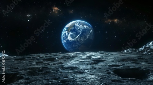 Spectacular view of Earth rising over lunar horizon  glowing blue planet in dark starry space