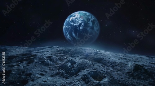 Spectacular view of Earth rising over lunar horizon, glowing blue planet in dark starry space #765927515