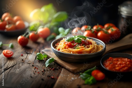 Close-up of an Italian pasta dish with tomato and basil. Mediterranean food