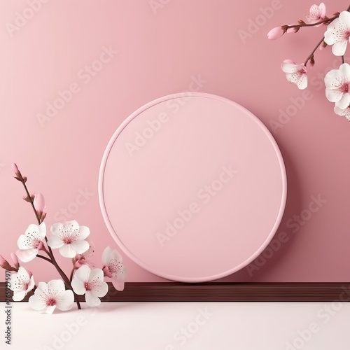 Modern minimalist podium with flowers and spheres in soft pastel shades for product display. Concept: template and background mockup